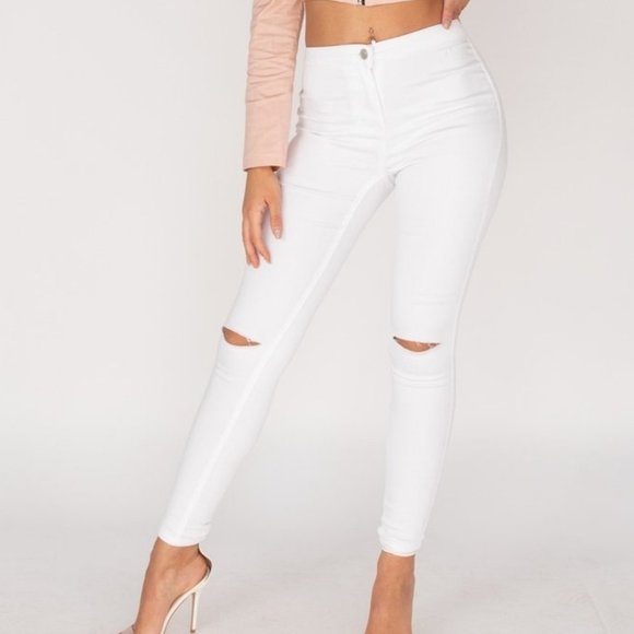 White High Waist Ripped Distressed Skinny Denim Jeggings Pants - Picture 2 of 7